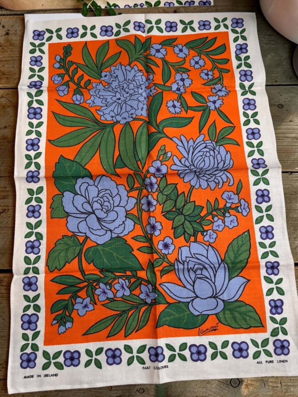 Vintage Irish Pure Linen Tea Towel Floral Design By Lamont Orange & Blue Fast Co